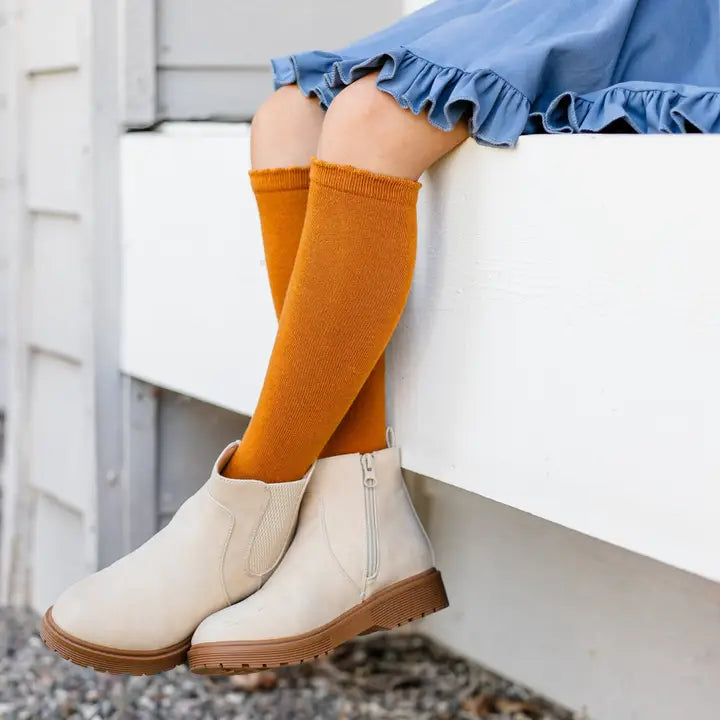 Mustard Scalloped Knee High Socks | Little Stocking Co